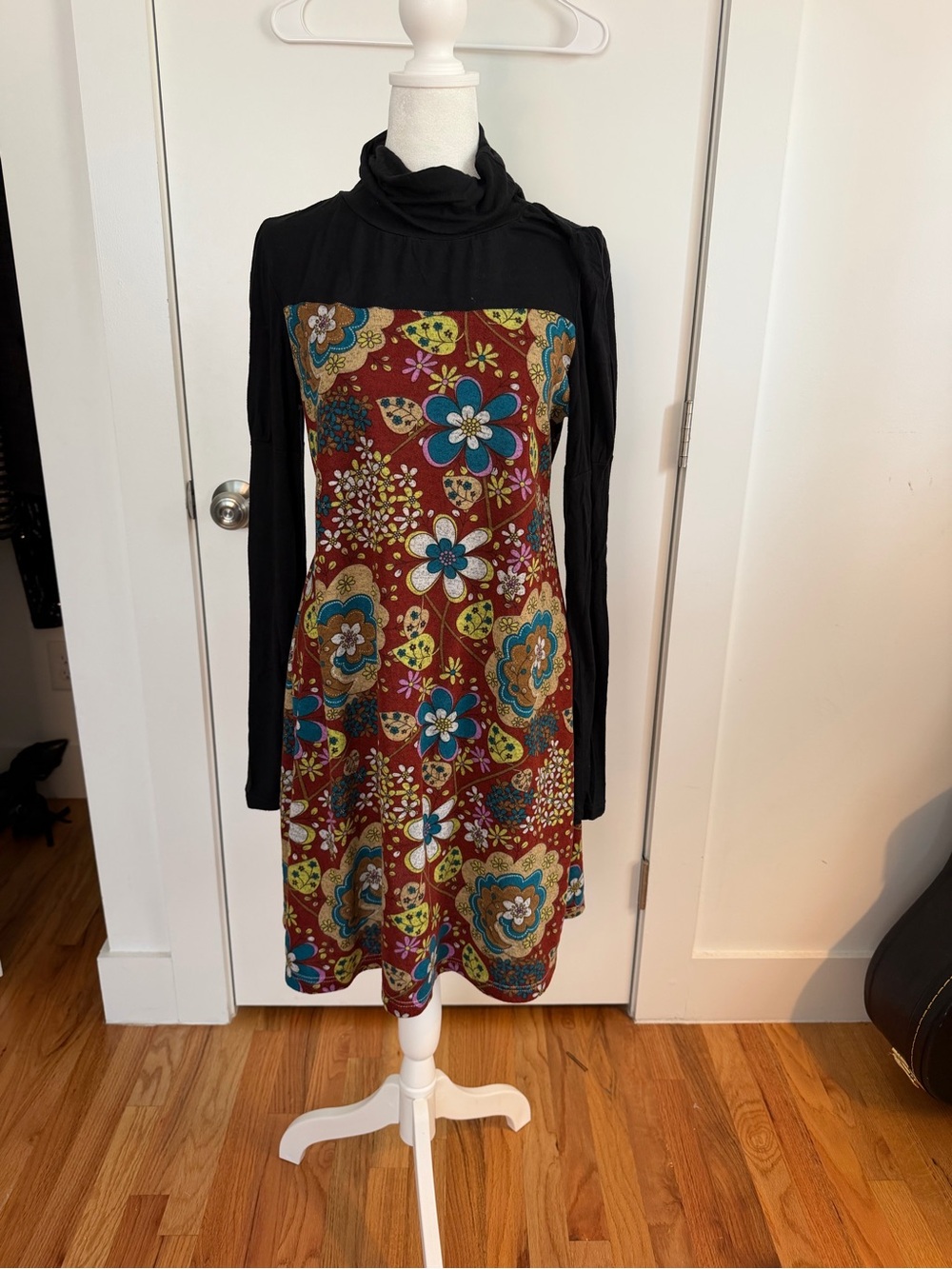 Funky People Black Long-Sleeve Dress with Burgundy Floral Panel